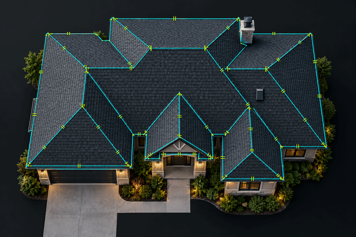 Aerial view of a residential house roof with cyan measurement lines across ridges, hips, valleys and eaves